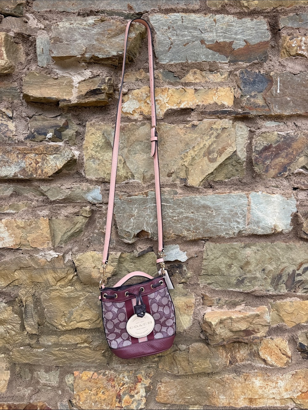 Coach Burgundy Signature Stripe Drawstring Crossbody with Cream Medallion - Picture 3 of 12